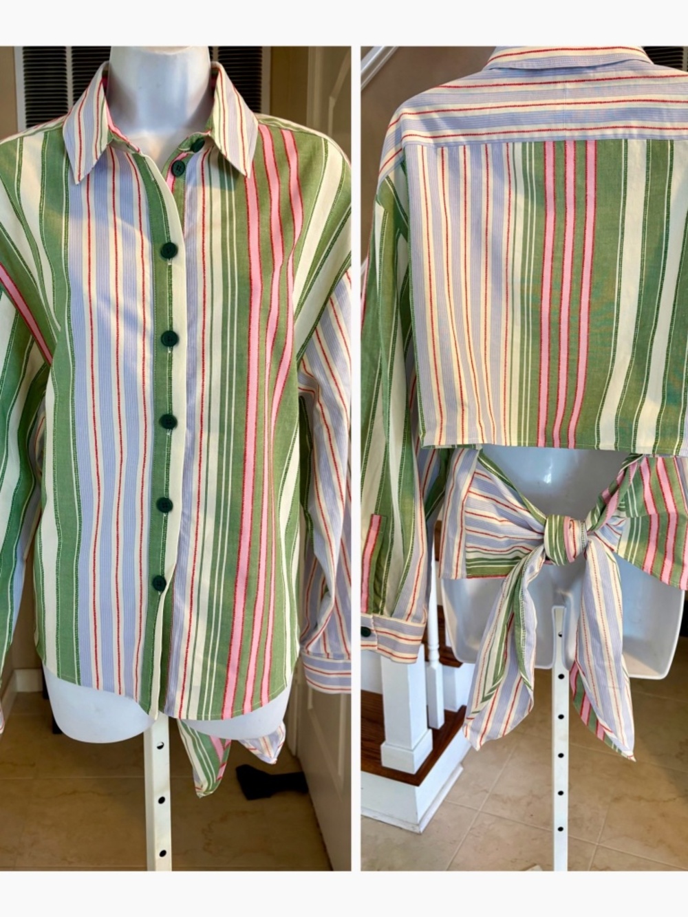 Stine Goya Organic Cotton Tie Back Striped Shirt Blue Green Pink M